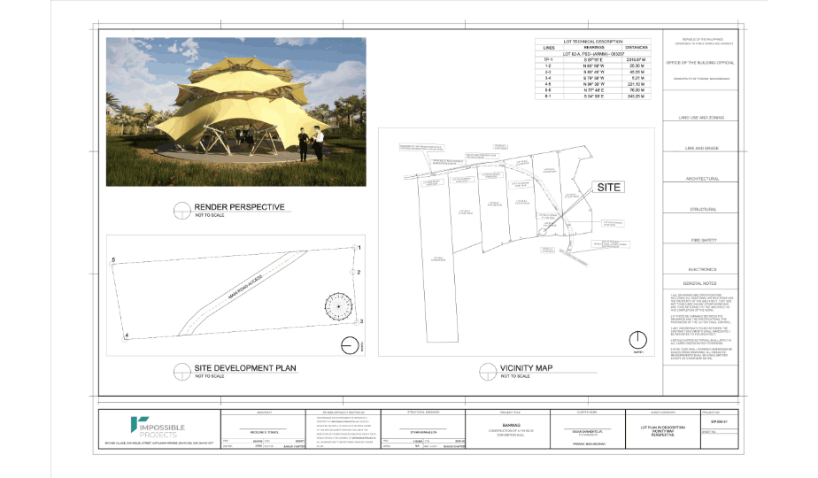 Sheet 1 — Vicinity map, site development plan, and render perspective