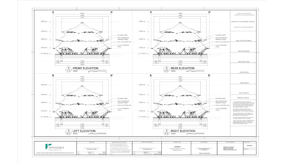 Sheet 3 — Front, rear, left and right elevation plans